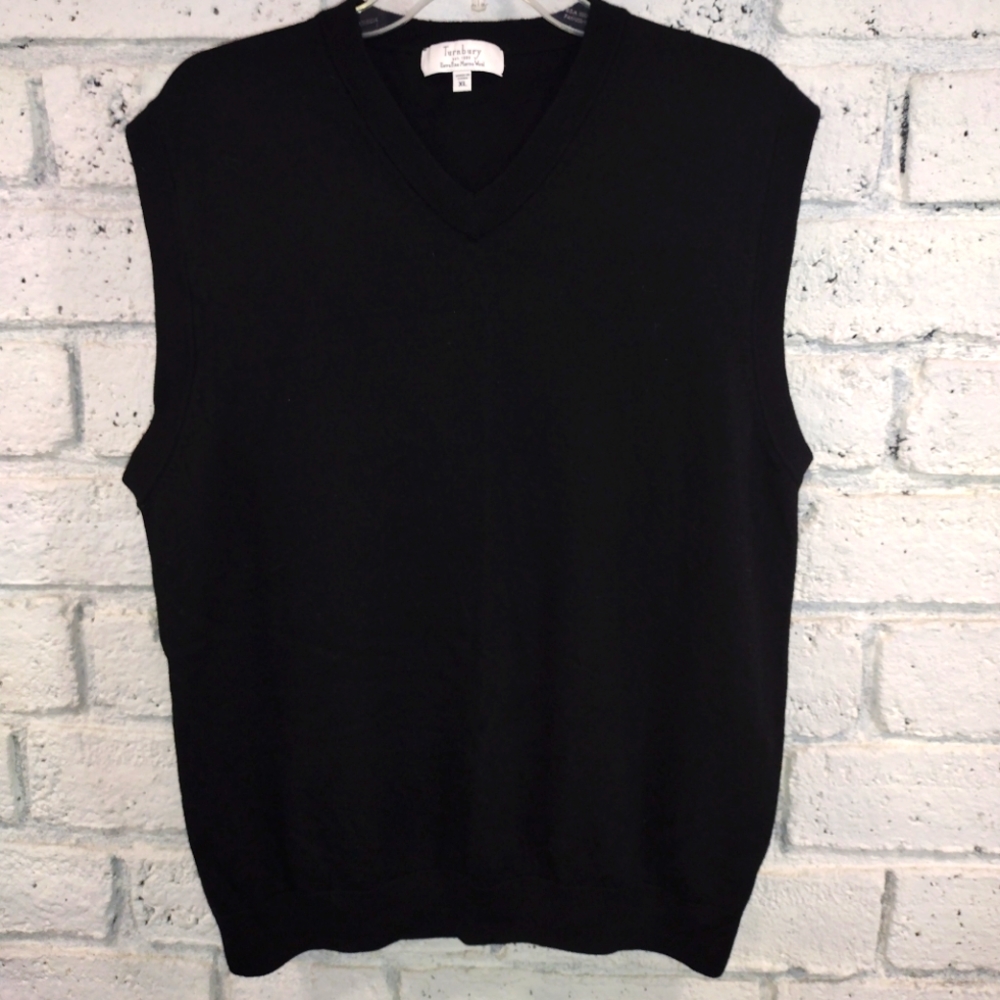Turnbury Men’s XL Extra Fine Merino Wool V Neck Solid Black  Sweater Vest